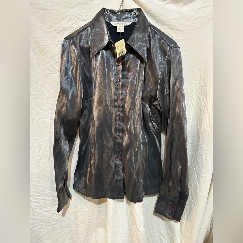 Express Metallic Button Down Shirt - Silver